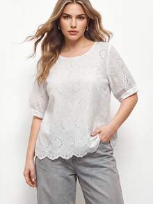 Maija Plus Size Women's Hollow Embroidery Round Neck Short Sleeve Casual Shirt  Summer Tops Spring Country Style For Women - White - View 3