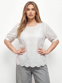 Maija Plus Size Women's Hollow Embroidery Round Neck Short Sleeve Casual Shirt  Summer Tops Spring Country Style For Women - White - View 4