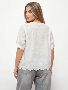 Maija Plus Size Women's Hollow Embroidery Round Neck Short Sleeve Casual Shirt  Summer Tops Spring Country Style For Women - White - View 5