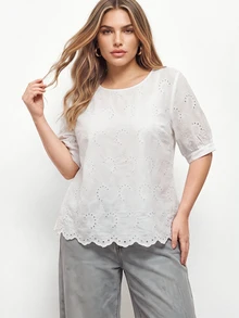 Maija Plus Size Women's Hollow Embroidery Round Neck Short Sleeve Casual Shirt  Summer Tops Spring Country Style For Women - White - View 1