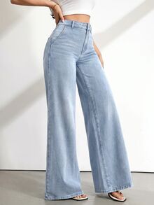 SHEIN Tall 女款高腰寬腿牛仔褲復古藍色水洗休閒夏季度假穿搭女款休閒水洗高腰寬腿牛仔褲 - 淺色水洗藍 - 查看 5