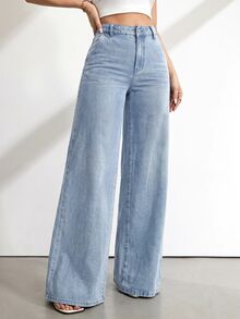 SHEIN Tall 女款高腰寬腿牛仔褲復古藍色水洗休閒夏季度假穿搭女款休閒水洗高腰寬腿牛仔褲 - 淺色水洗藍 - 查看 4