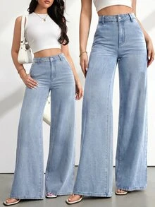 SHEIN Tall 女款高腰寬腿牛仔褲復古藍色水洗休閒夏季度假穿搭女款休閒水洗高腰寬腿牛仔褲 - 淺色水洗藍 - 查看 10