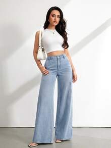 SHEIN Tall 女款高腰寬腿牛仔褲復古藍色水洗休閒夏季度假穿搭女款休閒水洗高腰寬腿牛仔褲 - 淺色水洗藍 - 查看 7