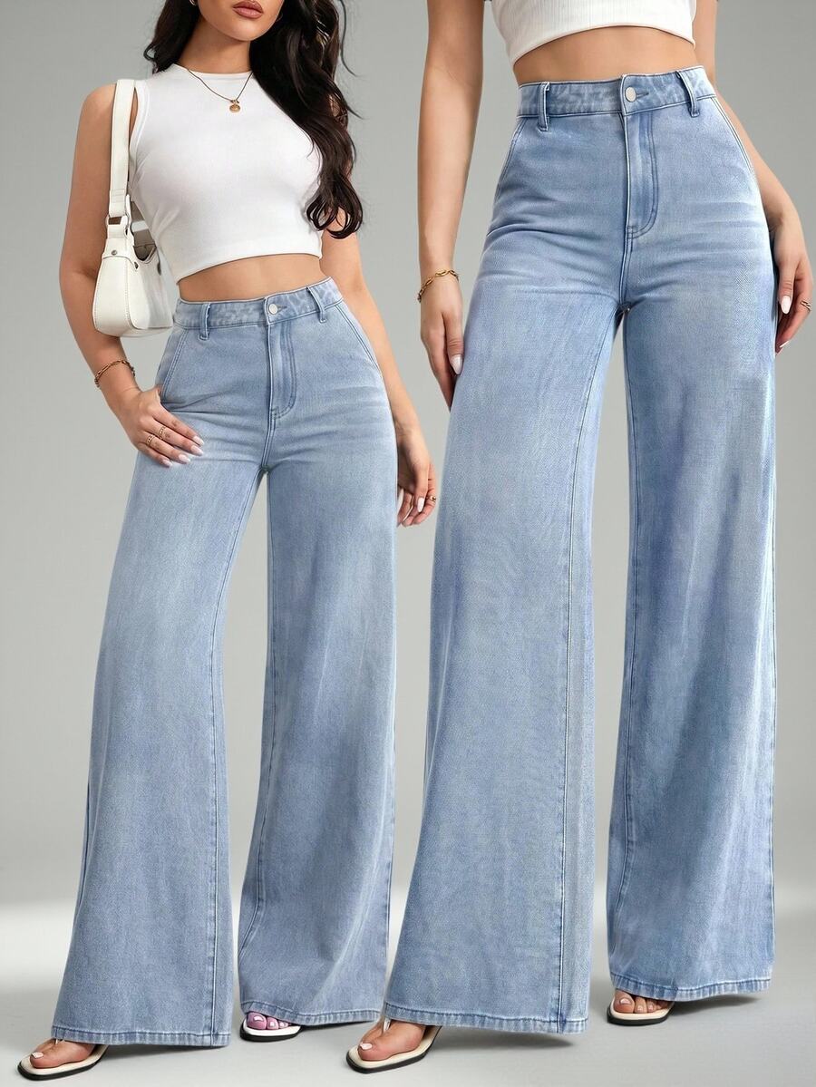 SHEIN Tall 女款高腰寬腿牛仔褲復古藍色水洗休閒夏季度假穿搭女款休閒水洗高腰寬腿牛仔褲