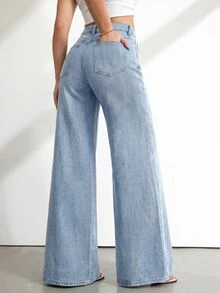 SHEIN Tall 女款高腰寬腿牛仔褲復古藍色水洗休閒夏季度假穿搭女款休閒水洗高腰寬腿牛仔褲 - 淺色水洗藍 - 查看 3