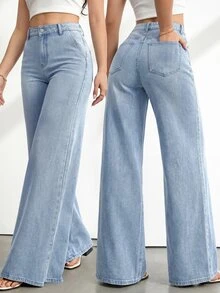 SHEIN Tall 女款高腰寬腿牛仔褲復古藍色水洗休閒夏季度假穿搭女款休閒水洗高腰寬腿牛仔褲 - 淺色水洗藍 - 查看 9