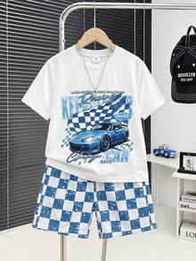 Boys' 2-Piece T-Shirt Shorts Set Racing Graphic Soft Blue And White Knit Crew Neck Short Sleeve Top Elastic Waist Plaid Print Shorts Outfit - Blue and White - View 4