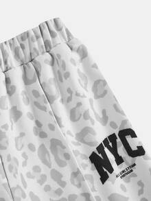 SHEIN 女童秋冬豹紋休閒簡約字母圖案套頭衛衣與運動長褲2件套，秋季，秋季服飾 - 淺灰色 - 查看 4