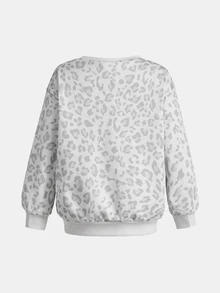 SHEIN 女童秋冬豹紋休閒簡約字母圖案套頭衛衣與運動長褲2件套，秋季，秋季服飾 - 淺灰色 - 查看 6