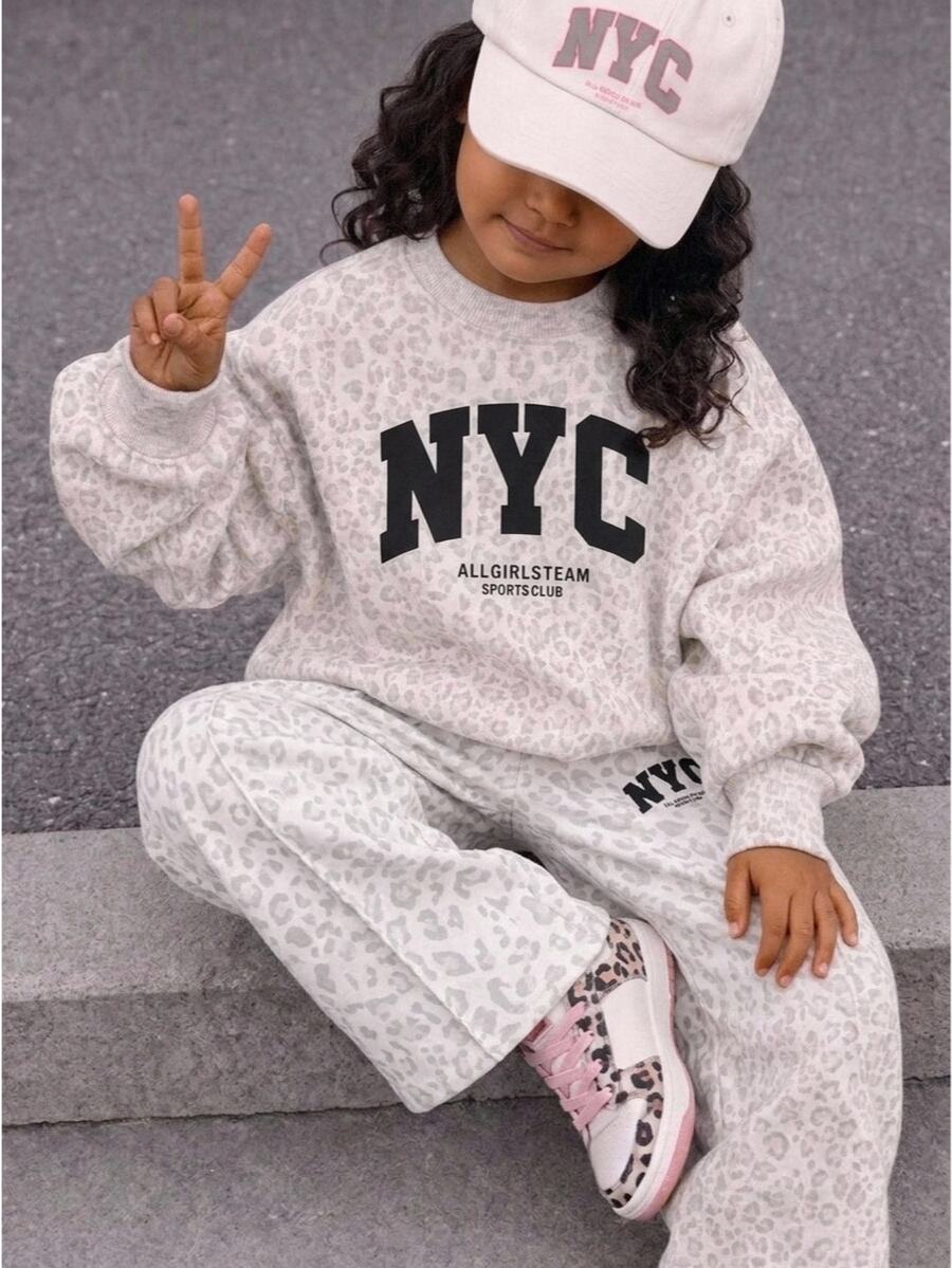 SHEIN 女童秋冬豹紋休閒簡約字母圖案套頭衛衣與運動長褲2件套,秋季,秋季服飾 - 淺灰色 - 查看 1