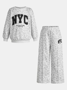 SHEIN 女童秋冬豹紋休閒簡約字母圖案套頭衛衣與運動長褲2件套，秋季，秋季服飾 - 淺灰色 - 查看 9