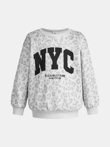 SHEIN 女童秋冬豹紋休閒簡約字母圖案套頭衛衣與運動長褲2件套，秋季，秋季服飾 - 淺灰色 - 查看 5