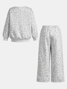 SHEIN 女童秋冬豹紋休閒簡約字母圖案套頭衛衣與運動長褲2件套，秋季，秋季服飾 - 淺灰色 - 查看 2