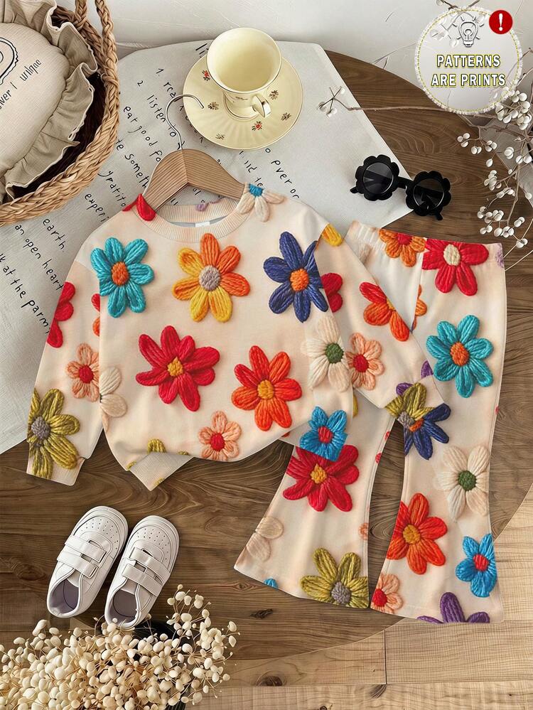 Baby Girl Casual Cute Textured Floral Print, American Vintage Style, Soft Thick Crew Neck Long Sleeve Sweatshirt & Flared Pants Set, Suitable For Autumn/Winter, Graphic, Cozy, Girls Outfit Sets, Y2K, Vintage, Kawaii - Multicolor - View 1