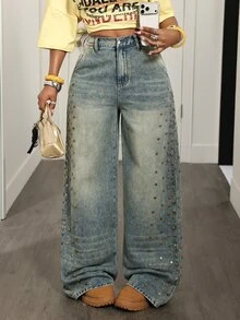 Slaydiva Women's High Waist Baggy Wide Leg Denim Jeans With Studded Side Detail And Faded Vintage Casual Streetwear Wash Going Out Light Blue Fall Y2K - Medium Wash - View 7