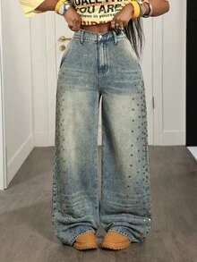 Slaydiva Women's High Waist Baggy Wide Leg Denim Jeans With Studded Side Detail And Faded Vintage Casual Streetwear Wash Going Out Light Blue Fall Y2K - Medium Wash - View 8