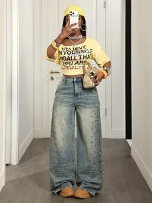 Slaydiva Women's High Waist Baggy Wide Leg Denim Jeans With Studded Side Detail And Faded Vintage Casual Streetwear Wash Going Out Light Blue Fall Y2K - Medium Wash - View 6