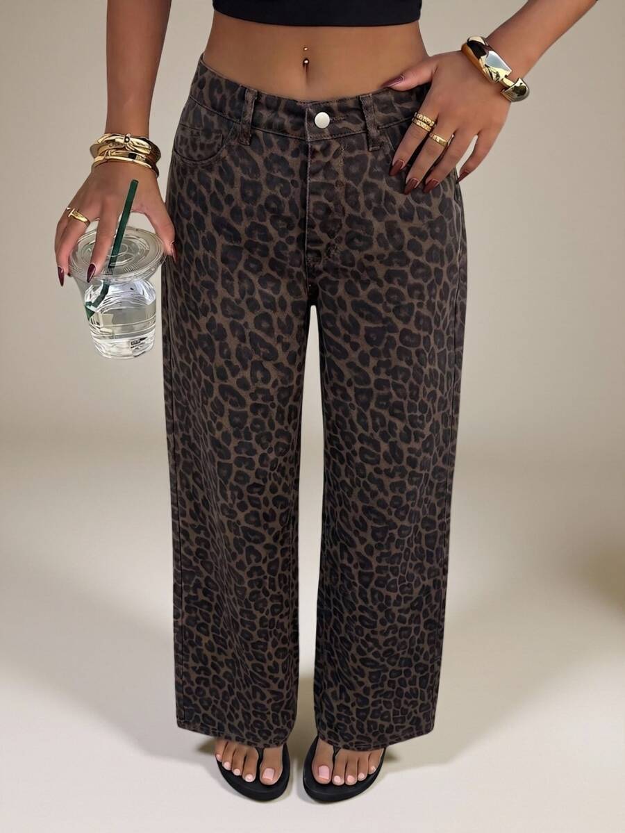 SHEIN Tall 女款時尚豹紋鈕扣口袋牛仔褲