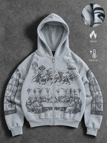 ROMWE MEN Street Life Street Retro Print Pattern Loose Sweatshirt - Grey - View 1