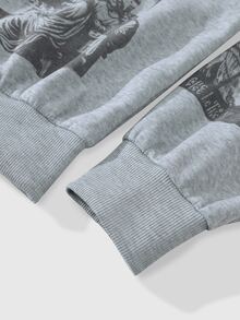ROMWE MEN Street Life Street Retro Print Pattern Loose Sweatshirt - Grey - View 5