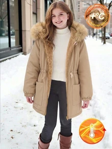 SHEIN 青少年女孩童款寬鬆休閒牛仔連帽極簡純色收腰長袖百搭風衣秋季外套 學校社團穿搭 駝色 - 卡其色 - 查看 3