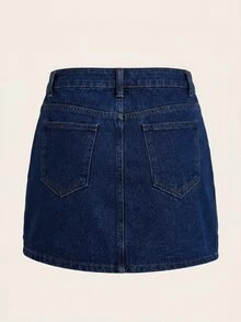 SHEIN Tall 高腰女士深靛蓝色牛仔迷你裙，休闲日常及夏季学院风女装裙 - 深色水洗藍 - 查看 3