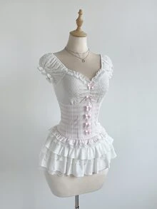 Elamini Floral Ruffle Petal Sleeve Textured Colorblock Pink And White Striped Print Tight Fit Short Sleeve T-Shirt Trim Sweet Cute Spring Summer Date 90s - Multicolor - View 3