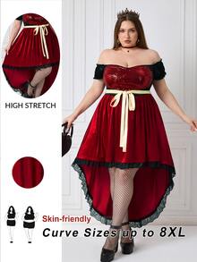 SHEIN CURVE+ 大尺碼 22W 夏季新款紅色亮面愛心女王針織迷你洋裝，適合超級 5XL，萬聖節派對、夜生活、夜店，哥德風性感 - 彩色 - 查看 4