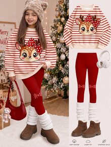 Bộ áo nỉ cổ tròn dáng rộng mềm mại lót nỉ và quần legging phong cách thường ngày cho bé gái tuổi teen, mẫu mới phù hợp mặc hàng ngày, đi chơi, lễ hội mùa Thu/Đông - Nhiều màu - Xem 1