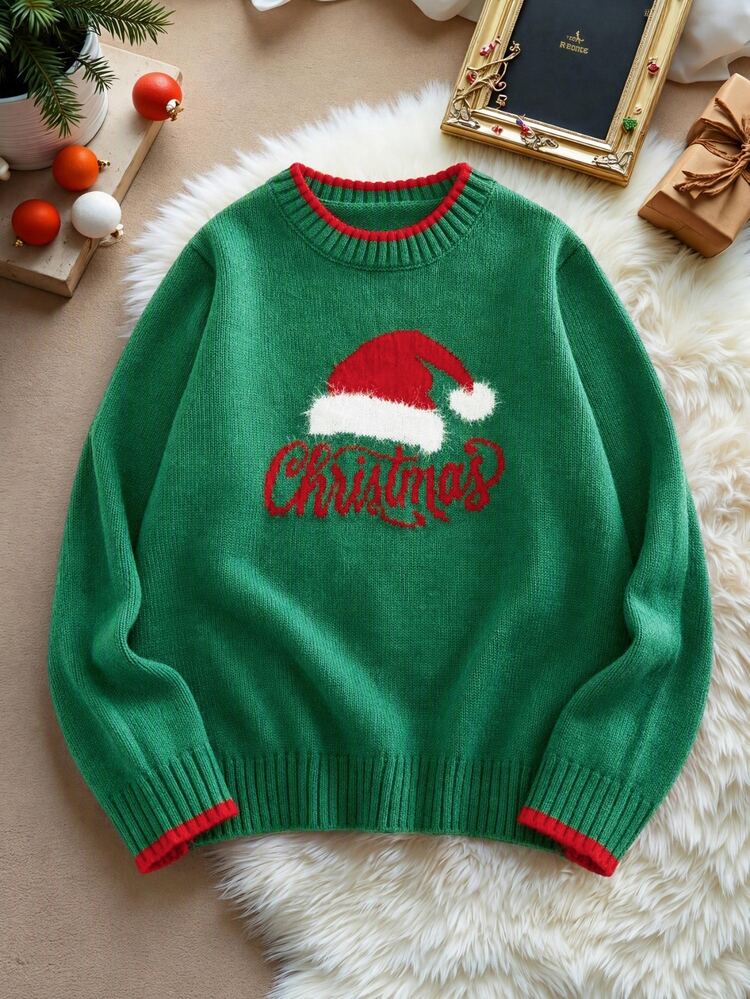 Manfinity RebelGame Long Sleeve Crew Neck Jacquard Green Christmas Santa Hat Pattern Sweater Warm For Couple Outfit New Year 2026 Halloween Christmas Winter Party Autumn - Green - View 7