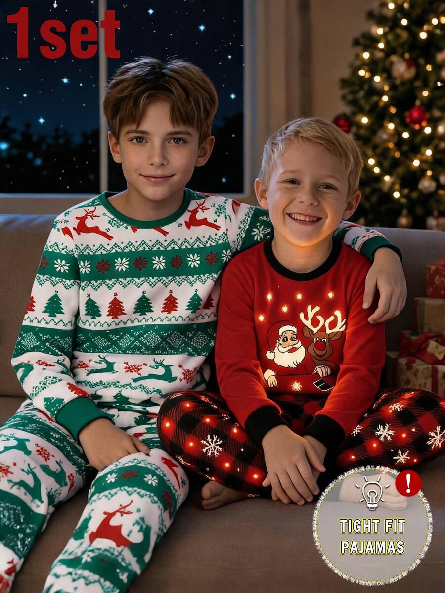 Tween Boy Autumn/Winter Pajamas 2pcs Fair Isle Stretchy Snug Fit Long Sleeve Pants Crew Neck Top Print Allover Christmas Reindeer Boys Set - Green - View 1