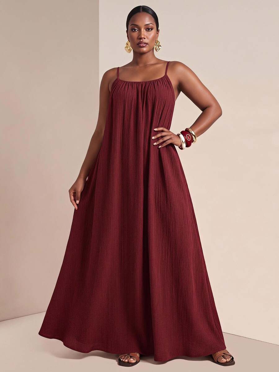 Zivah Plus Size Solid Color Sleeveless Dress, Casual Holiday Style Maxi Long Summer Maroon Burgundy Sundress - Burgundy - View 1