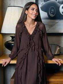 Alya Khalil Chocolate Brown 's Elegant Ruffle V-Neck Lantern Sleeve Long Dress, Autumn Holiday Outfits,Chic For Brunch VacationDaily Commute,Summer - Brown - View 2