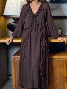 Alya Khalil Chocolate Brown 's Elegant Ruffle V-Neck Lantern Sleeve Long Dress, Autumn Holiday Outfits,Chic For Brunch VacationDaily Commute,Summer - Brown - View 4