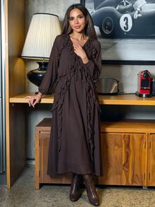 Alya Khalil Chocolate Brown 's Elegant Ruffle V-Neck Lantern Sleeve Long Dress, Autumn Holiday Outfits,Chic For Brunch VacationDaily Commute,Summer - Brown - View 5
