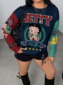 Betty Boop x SHEIN 大尺碼女款字母卡通印花休閒日常圓領衛衣 - 白色 - 查看 8