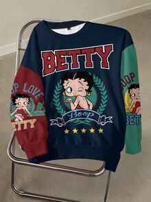 Betty Boop x SHEIN 大尺碼女款字母卡通印花休閒日常圓領衛衣 - 白色 - 查看 1