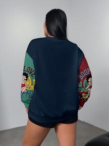 Betty Boop x SHEIN 大尺碼女款字母卡通印花休閒日常圓領衛衣 - 白色 - 查看 4