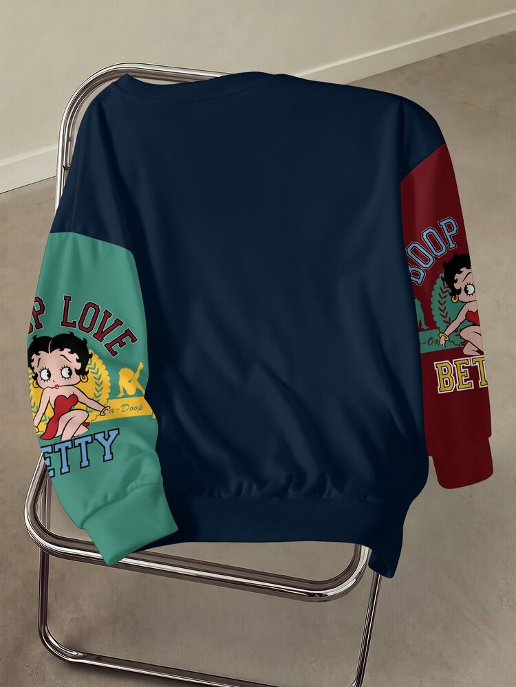 Betty Boop x SHEIN Plus Size Women's Letter Cartoon Print Casual Everyday Crew Neck Sweatshirt - White - View 2