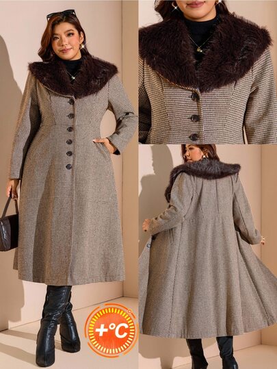 Comfylo Plus Size Women's Fur Collar Houndstooth Long Sleeve Single-Breasted Elegant Jacket Fall