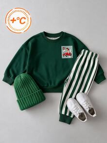 4-7 Years Old Boys Vintage Street Style Cartoon Print Long Sleeve Crew Neck Loose Pullover Top With Green Long Pants Casual Set For Fall Christmas - Green - View 2