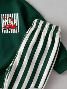4-7 Years Old Boys Vintage Street Style Cartoon Print Long Sleeve Crew Neck Loose Pullover Top With Green Long Pants Casual Set For Fall Christmas - Green - View 5