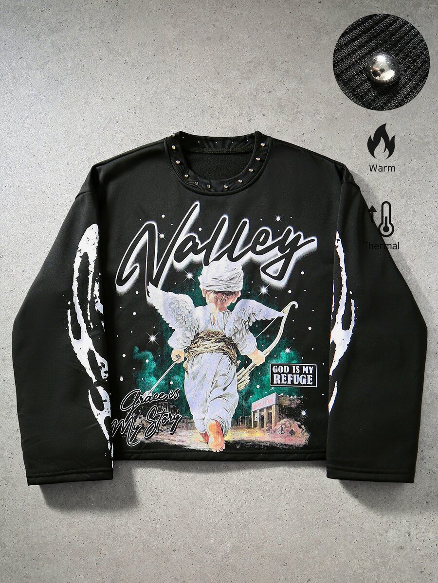 ROMWE MEN Street Life Men's Printed Long Sleeve T-Shirt, Loose Fit - Black - View 1