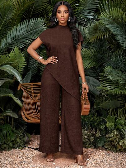 SHEIN Lady Conjunto de 2 peças de blusa e calça de manga curta minimalista de cor sólida para mulheres