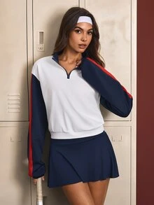 CourtClass CourtClass Women's Half-Zip Striped Colorblock Sporty Sweatshirt - Blue and White - View 1