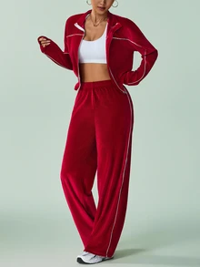 Sovereign Charm Set Pakaian Olahraga Wanita: Hoodie dan Celana Jogging Warna Polos - Burgundy - View 7