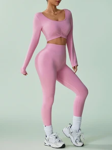 Sovereign Charm Women's Backless Long Sleeve Yoga Set - Pink - View 4