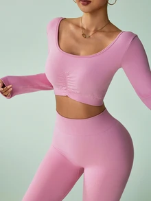 Sovereign Charm Women's Backless Long Sleeve Yoga Set - Pink - View 5