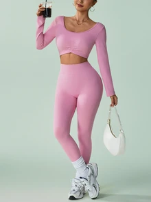 Sovereign Charm Women's Backless Long Sleeve Yoga Set - Pink - View 6